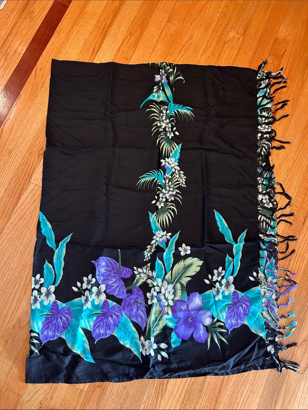 New Black Floral Fringe Sarong with Teal & Purple Flowers